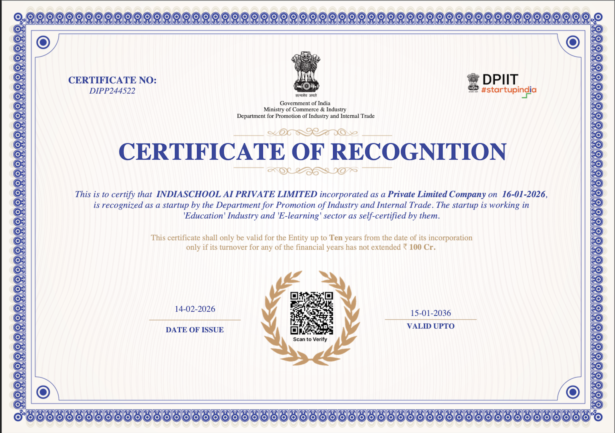 DPIIT Certificate of Recognition for IndiaSchool AI Private Limited